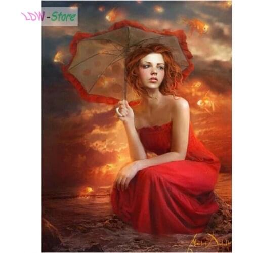 Diamond Embroidery Diamond Painting Umbrella red dress girl Painting With Diamonds Picture Of Rhinestones Diamond Mosaic NEW185
