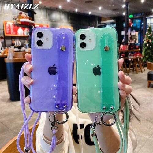 Glitter Wrist Strap Phone Case For iPhone 12 mini SE 2020 11 Pro Max XR X XS 7 8 Plus Crossbody Lanyard Candy Color Soft Cover