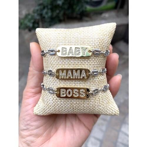 6Pcs 2021 New MAMA/BOSS/BABY Name Charm Brass Bracelets with Silver Pig Nose Shape Chain Bracelets