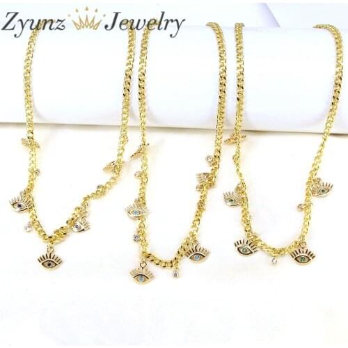5PCS, Gold Curb Link Chain Eye Necklace For Women CZ Micro Pave Round Eye Charm Choker Necklace Collar Wholesale Jewelry