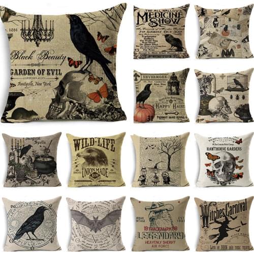 WZH Halloween retro pattern Cushion Cover Printed Throw Pillows Living Room Decorative Linen Pillow Case 45cm*45cm