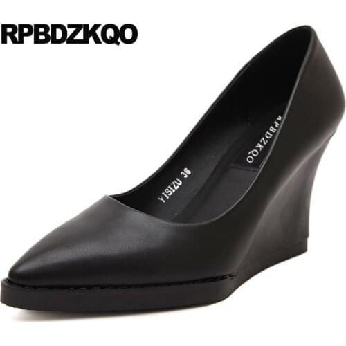 Black High Heels 2021 Red Nude Cheap Casual Shoes Women Patent Leather 8cm Pointed Toe Size 33 Medium Pumps Slip On Wedge Gray