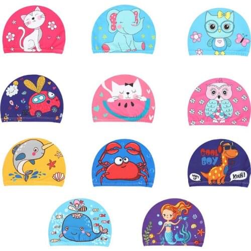 Children Baby Swimming Cap Cute Cartoon Animal Prints Waterproof Protect Ears Soft Polyester Lightweight Unisex Swimming Cap