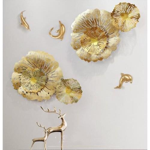 European Wrought iron Lotus Leaf Fish Wall Hanging Ornaments Hotel KTV Wall Mural Decoration Home Livingroom Wall Sticker Crafts