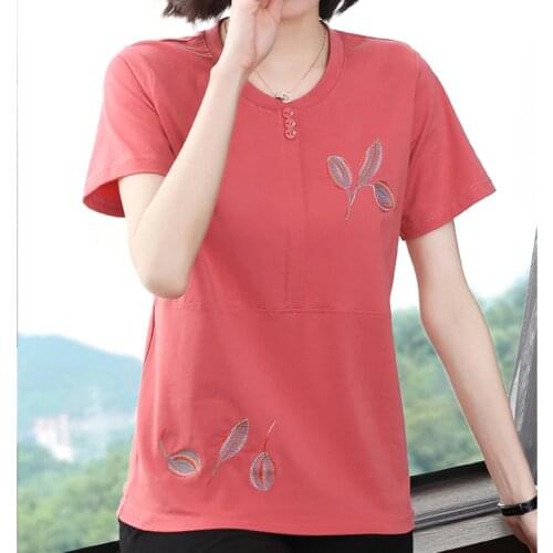 Shintimes Button Embroidery Floral T-Shirt Women T Shirt 2021 Short Sleeve Summer Tops Cotton Korean Woman Clothes Tshirt Femme