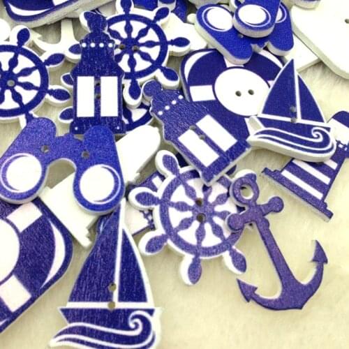 Hot Sale New Mixed Wood Craft Scrapbooking Blue Ocean Sailing Pattern White Ground 50 Pcs Using For Decor WB259