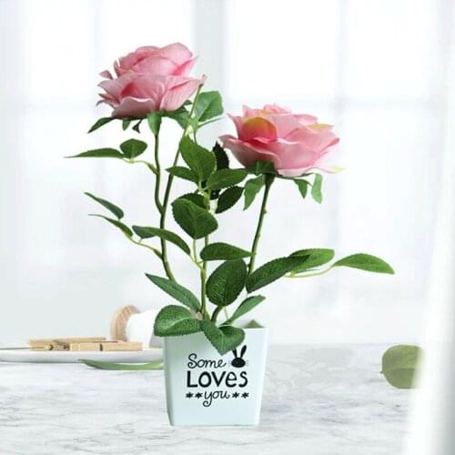 Simulation 2Heads Roses Flowers Artificial Potted Decorative Home Office Desktop Decoration Roses Fake Flower Plastic Pot Plants