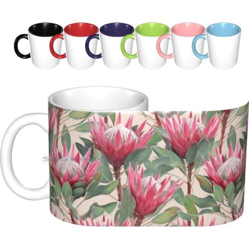 Painted King Proteas On Cream Ceramic Mugs Coffee Cups Milk Tea Mug Protea King Proteas Floral Flower Pattern Painted Pink