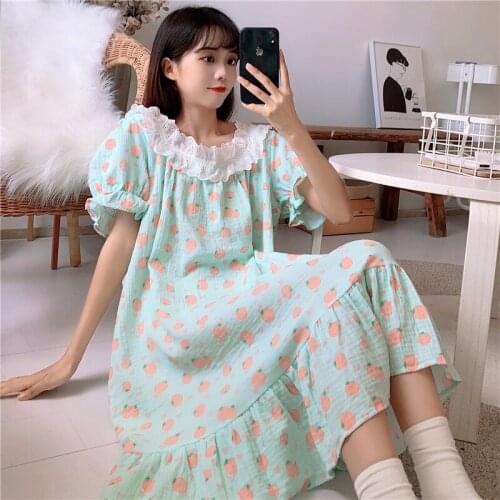 Lace Square Collar Summer Nightgown Sweet Kawaii Korean Sleepwear Long Dress Home Clothes Cotton Soft Homewwear Loose