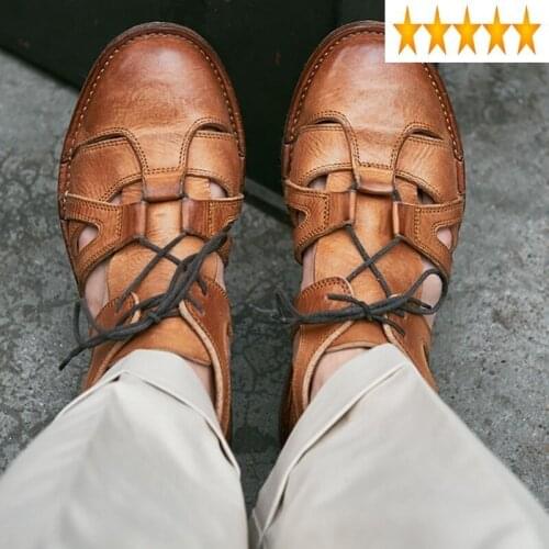 Mens Summer Footwear Beach Handmade Sandal 100% Genuine Leather Casual Flat Shoes Wash Vintage Lace Up Gladiator Roman Sandals