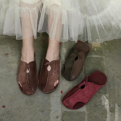 Handmade Hollow Out Retro Leather Mules Women Slippers Round Toe Mori Girl Flat Casual Summer Half Slippers Wine Red/Khaki