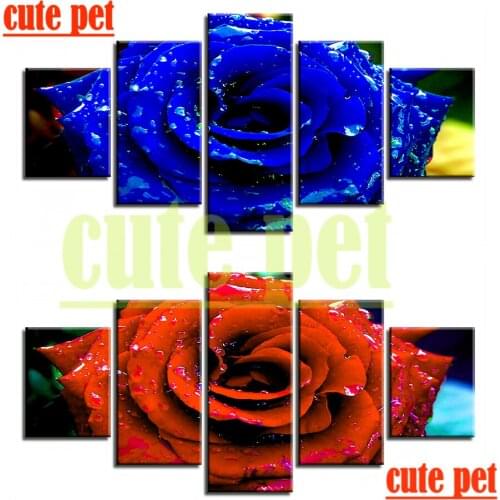 5PCS Blue red rose flower Full square diamond DIY diamond embroidery 5D diamond painting Cross Stitch Rhinestone mosaic cute pet