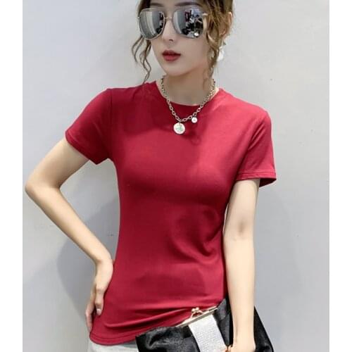 2021 Summer New Slim Soft Cotton Short Sleeve O Neck T-Shirts Women Red Black Casual Korean Tee Shirt Femme Tops Mujer Camisetas