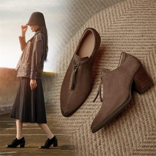 New 2021 Spring Womens Pumps Pointed Toe Metal Zipper Chunky Heel Comfortable All-match Casual Shoes Black/brown Large Size