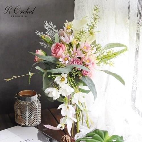 PEORCHID 2020 New Green&Pink Waterfall Bridal Bouqets Artificial Roses Calla Lily Wedding flowers Buque De Noiva