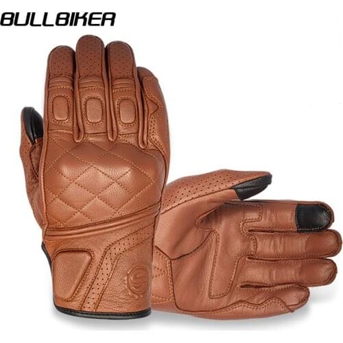 Retro Genuine Goatskin Motorcycle Cycling Touch Screen Gloves Leather Mens Four Seasons Short All Fingers Glove Protective Gear