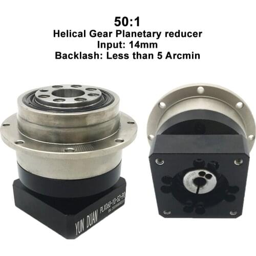 50:1 Ratio Flange Output Planetary Gearbox Reducer Helical Gear 5arcmin 14mm Input for 60MM 200W 400W 600W Servo Motor CNC Robot