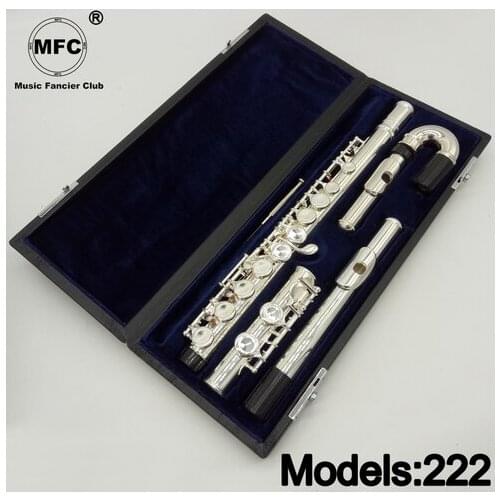 Professional Flute 222 Silver Plated Flute Instrument Intermediate Student Curved Headjoint Flutes C Leg 16 Holes Closed E Key
