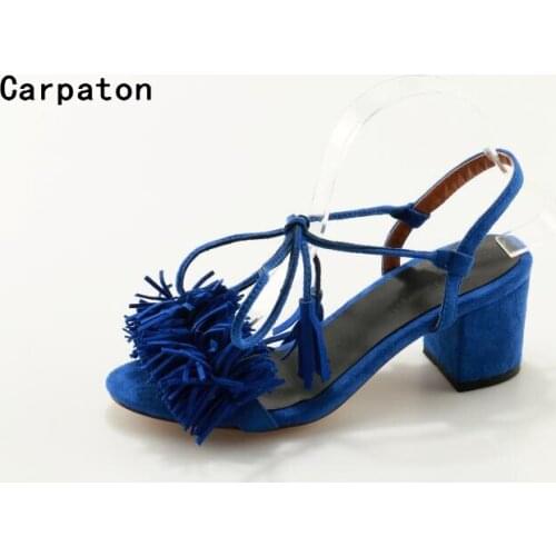 Carpaton open toe sandals for women high thick heel shoes fringe design lace up sandals blue sandals ladies sweet party shoes