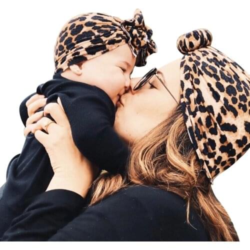 Newborn Infant Baby Girl Boy Mom Turban Hat Bows Flower Head Wrap Leopard India Hat Cotton Cap Parent-child Suit Beanie