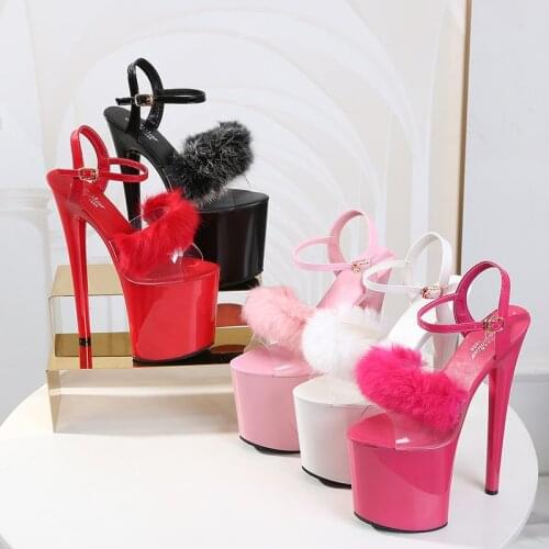 Summer Women Shoes Sexy High-Heels 17-20CM Platform Slippers Female Shoes Transparent Fur Waterproof Ladies Shoes Size 34-43