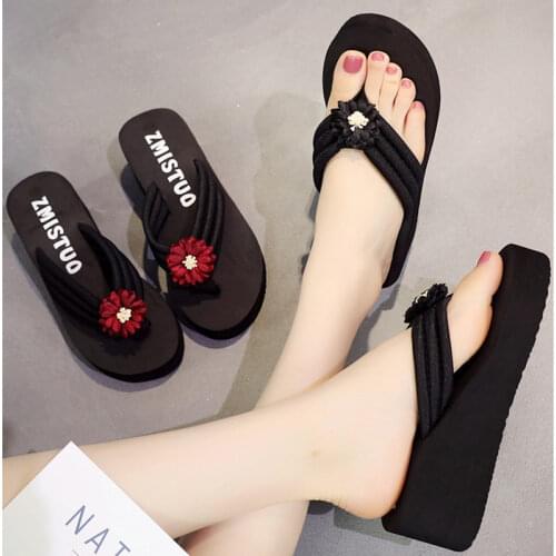 Summer Ladies Bohemian Flip-Flops Handmade Daisy Woman Slippers Wedge High Heels Non-Slip Beach Shoes