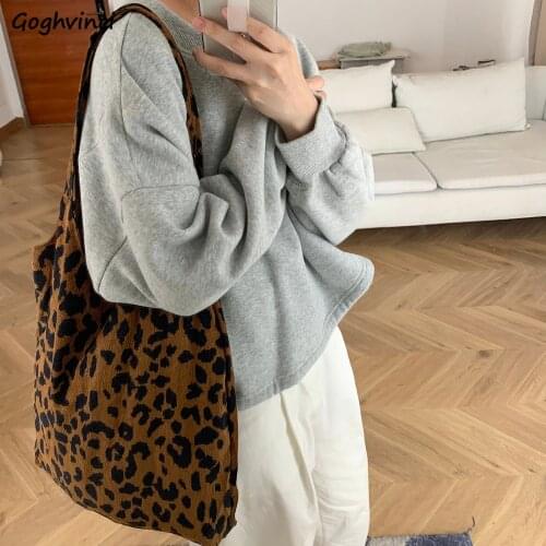 Shopping Bags Women Leopard All-match Street Korean Style Ins Corduroy Vintage Classic Travel Makeup-bag Simple Ulzzang Casual