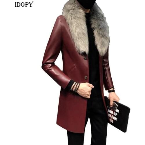 Idopy Winter Warm Big Fur Collar Faux Leather Trench Men Overcoats Luxury Slim Long Coats Windbreaker For Male