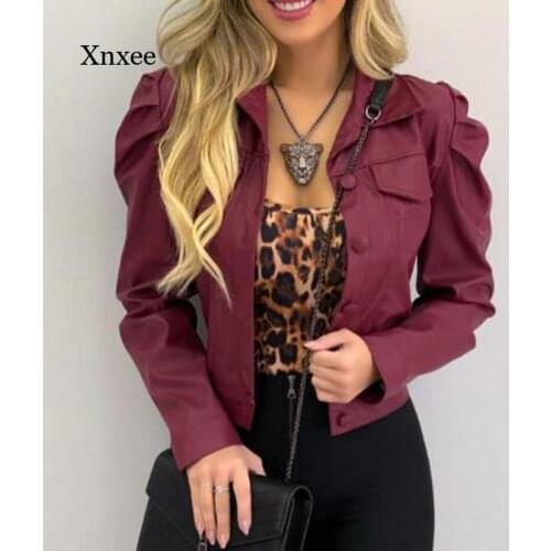 Womens Jacket Autumn Pu Leather Pleated Womens Short Jacket Long-Sleeved Lapel Single-Breasted Womens Jacket Pure Color Casua