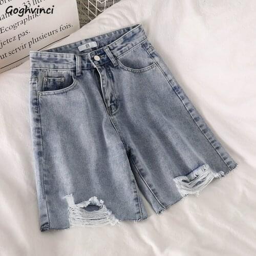 Shorts Women Denim Light-blue Summer Button-fly High-waist Holes Ripped Knee-length Korean-style Retro Loose Leisure Ins Daily