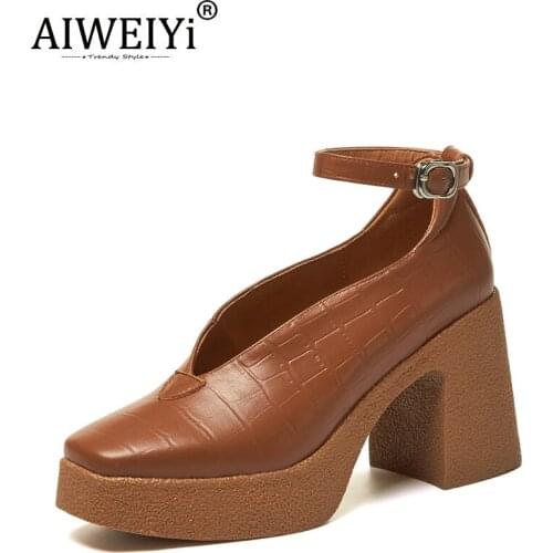 AIWEIYi 2021 Spring Leather Thick Heeled Shoes Women Thick Sole Waterproof Platform Retro Square Toe High Heels Womens Shoes