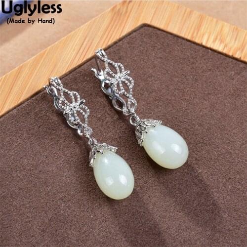Uglyless Like a Bulb Natural Jade Earrings for Women Vintage Ethnic Hollow Floral Earrings 100% Real 925 Silver Brincos Gemstone