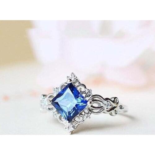 Princess Pattern Blue Stone Crystal Zircon Rings For Women Girl Designer Luxury Jewelry New Bulk Items Promise Ring Valentine