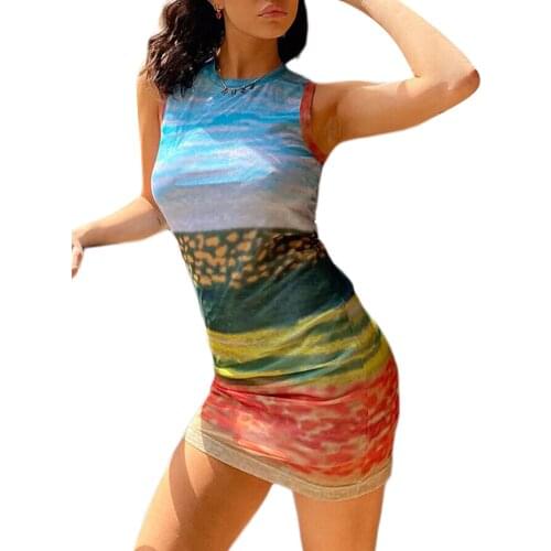 Female Dress Floral Print Round Neck Sleeveless Package Hip for Adults Women S/M/L/XL/XXL