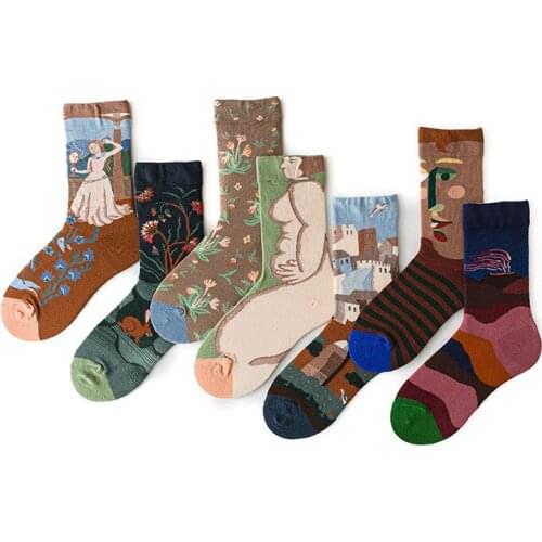 1 Pair Unisex Art Painting Style Crew Socks Women Streetwear Skateboard Sport Cycling Designer Socks Cotton Funny Socks