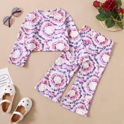 Spring Fall 2 Pcs Infant Tie-dye Print Casual Outfits Girls Long Sleeve Round Neck T-shirt + Elastic Waist Flared Pants