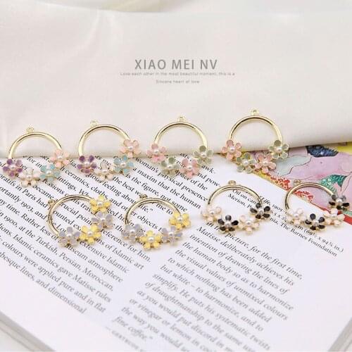 Free Shipping 30pcs 30*30MM Spring Flowers Enamel Alloy Round Circle pendants Gold Tone Metal Floral Earring Necklace Charms DIY