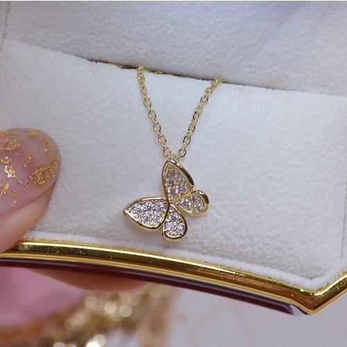 Shining Bling AAA Zircon Cute Small Butterfly Necklaces for Women Clavicle Chain Charm Wedding Pendant 14K Gold Plated Jewelry