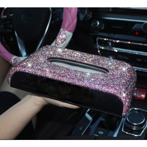 Steering Wheel Cover Bling Rhinestone Crystal Car Ornaments Tissue Box Ashtray Storage Box Pink Set