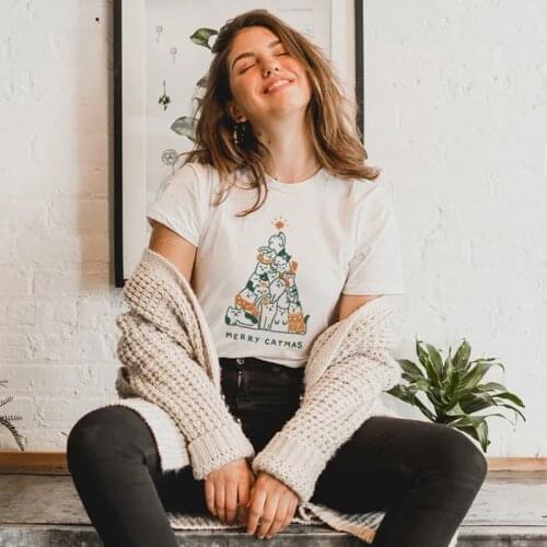 Merry Catmas Colored T-shirt Cute Cat Lover Christmas Holiday Gift Tshirt Outfit Funny Graphic Cotton Winter Tees Tops Drop Ship