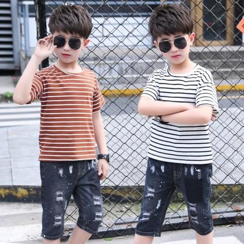 Children Clothing 2021 Summer New Fashion Boys Short-Sleeve Striped O-Neck Top Denim Shorts Teenage Boutique Kids Two Piece Suit