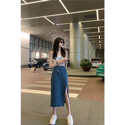 Large size denim split skirt female summer new style high waist thin and irregular temperament mid-length a-line package hip ski