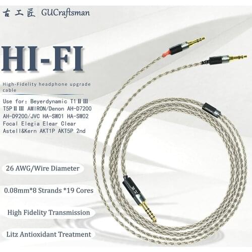 GUcraftsman 6n silver For Beyerdynamic T1 2nd elear STELLIA Elegia AT-D5200 D7200 D9200 ANANDA Arya Headphone upgrade Cable