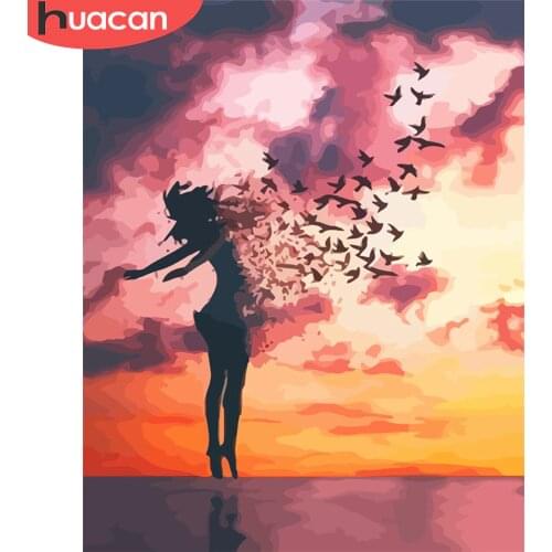 HUACAN Painting By Numbers Girl Hand Painted Art Gift DIY Picture By Number Bird Kits Home Decoration