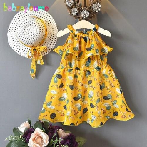 2Piece Kids Summer Dress+Hat Children Wear Fashion Flowers Sleeveless Chiffon Toddler Princess Costume Baby Girls Dresses BC1434