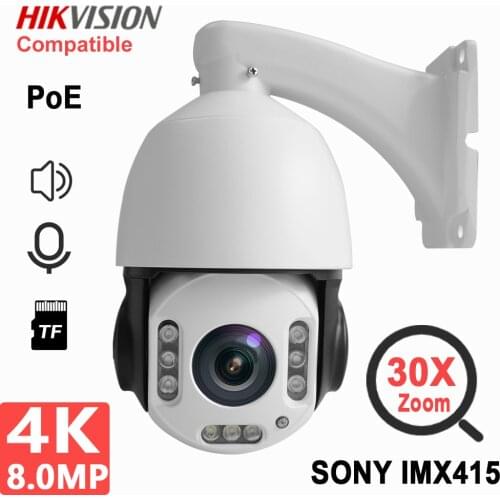 8MP 4K IP PTZ CCTV Camera Outdoor 30X Zoom Onvif H.265 POE Two Way Audio Video Surveillance SD Card Slot Hikvision Compatible