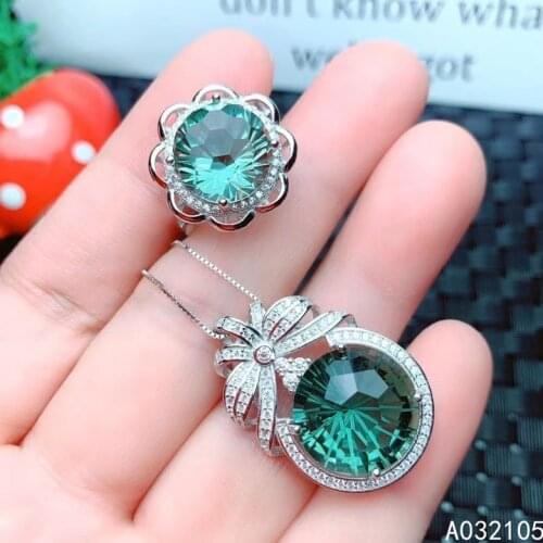 KJJEAXCMY fine jewelry 925 sterling silver inlaid Green Crystal women vintage fashion round big gem pendant ring set support det