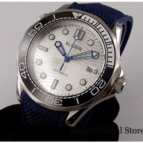 Mechanical Men Watch BLIGER Brand NH35 Movement Silver Dial Rubber Strap Screw Down Crown Flat Sapphire Glass