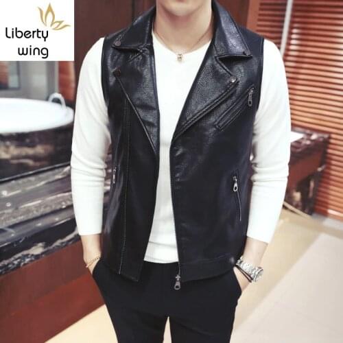 Motorcycle Vests Mens Autumn Short Korean Slim Fit Zipper Lapel Waistcoats Fashion Nightclub Show PU Leather Sleeveless Jackets