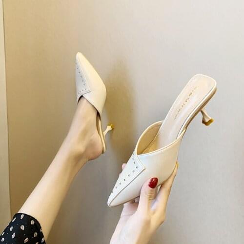 2020 New Summer Slippers Women Shoes Woman Mules Rivet Solid Leather Casual Shoes Thin High Heels Pointed Toe Sexy Ladies Shoes